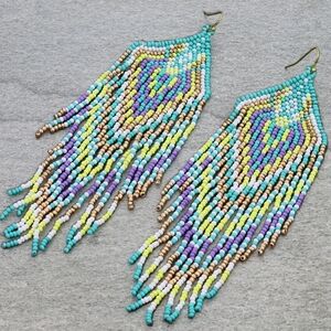 NWT Blue Elegant Turquoise, White, And Lavender Western Beaded Fringe Earrings